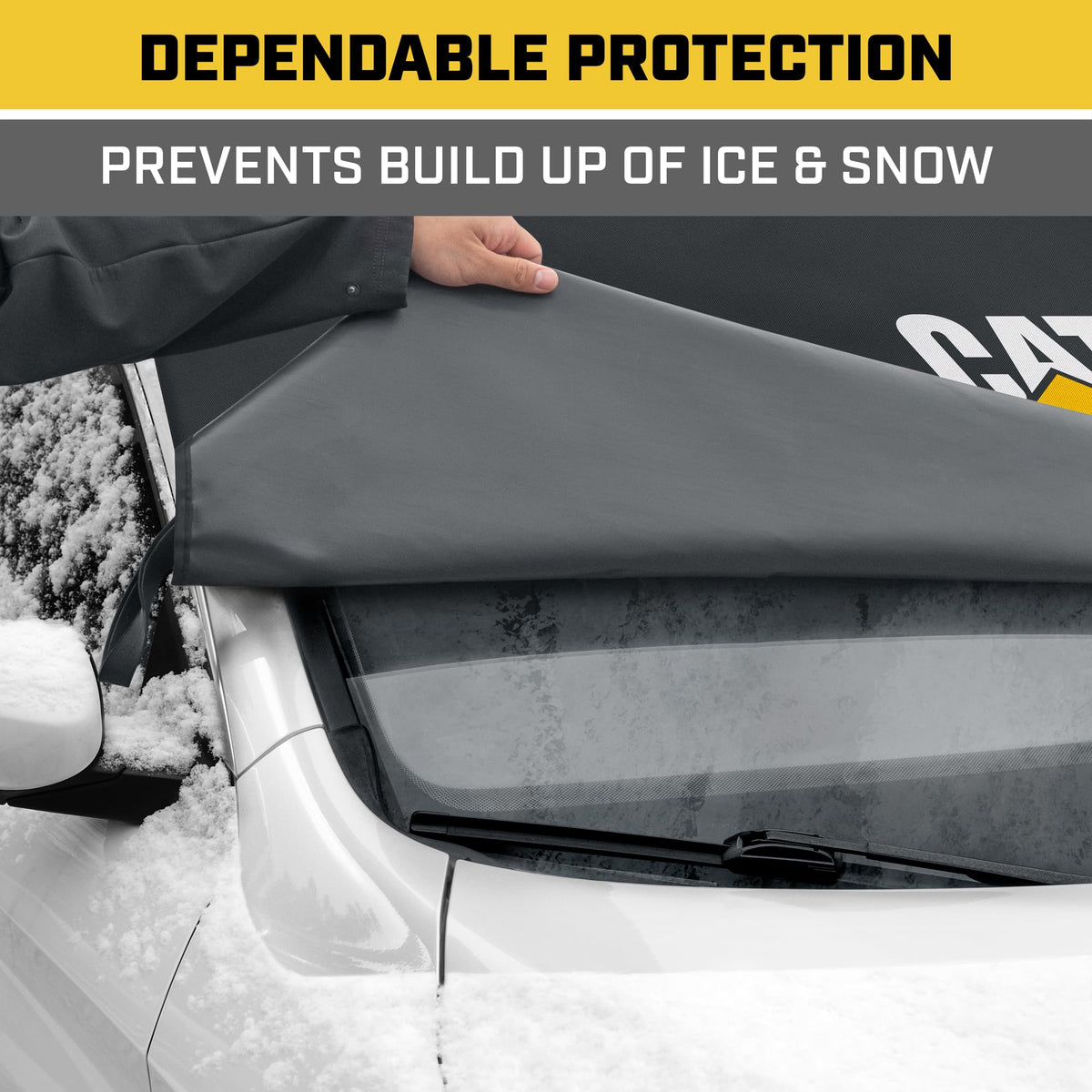 CAT cover in a snowy driveway demonstrating quick cleanup and time-saving benefit