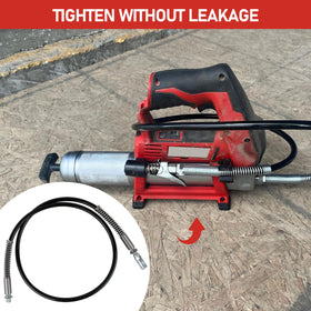 Cawla hose attached to grease gun demonstrating extended reach and efficient use