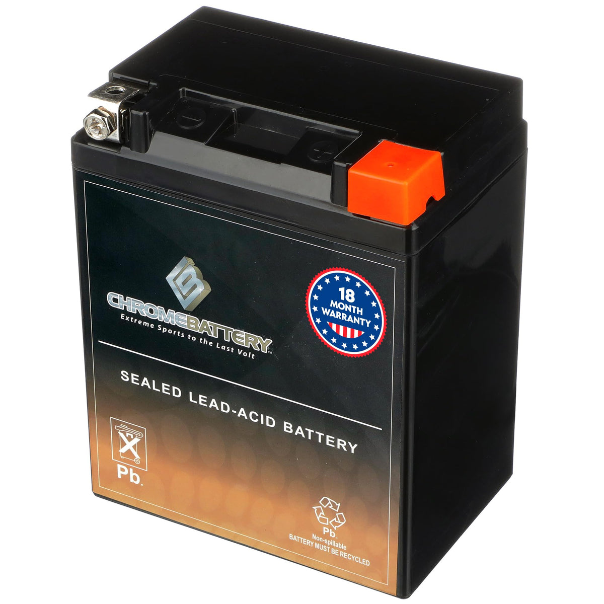 CB CHROMEBATTERY front view showing compact sealed battery and ready-to-install benefit