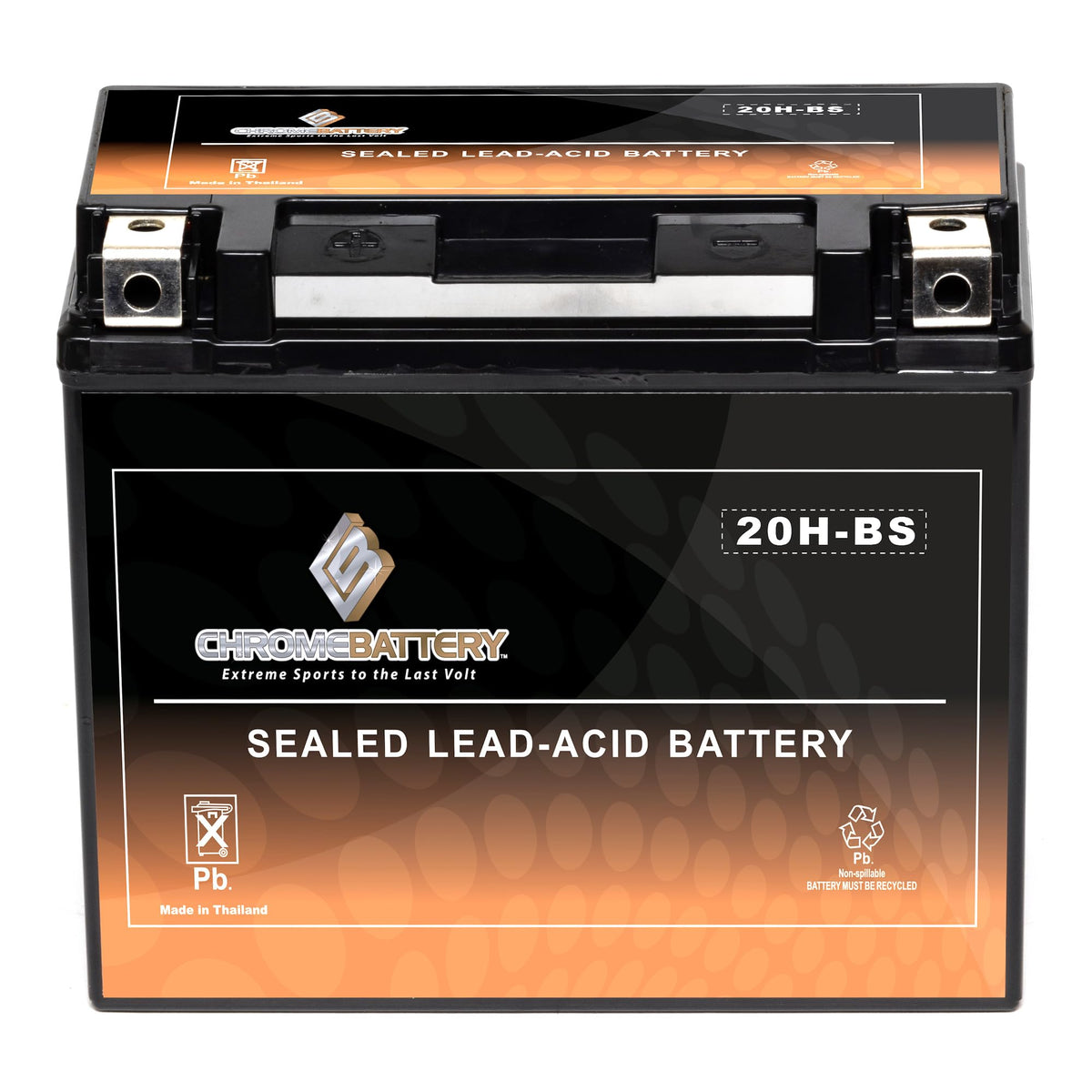 CB CHROMEBATTERY front view showing compact 12V 18Ah design and benefit of easy replacement
