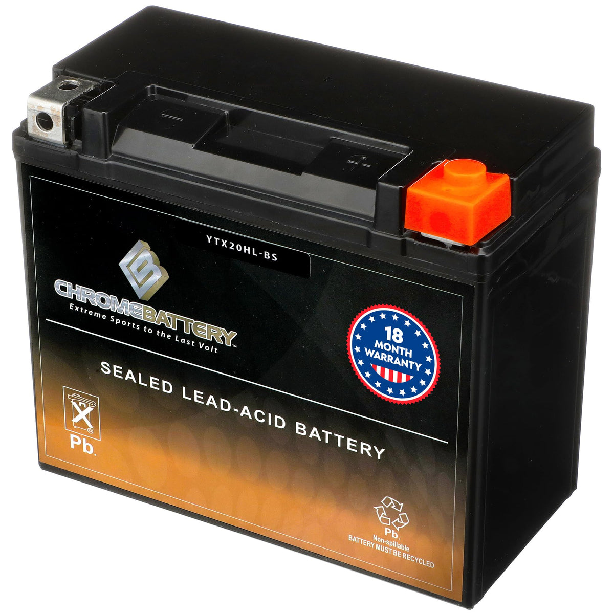 CB CHROMEBATTERY front view showing compact sealed AGM design and labeling benefit