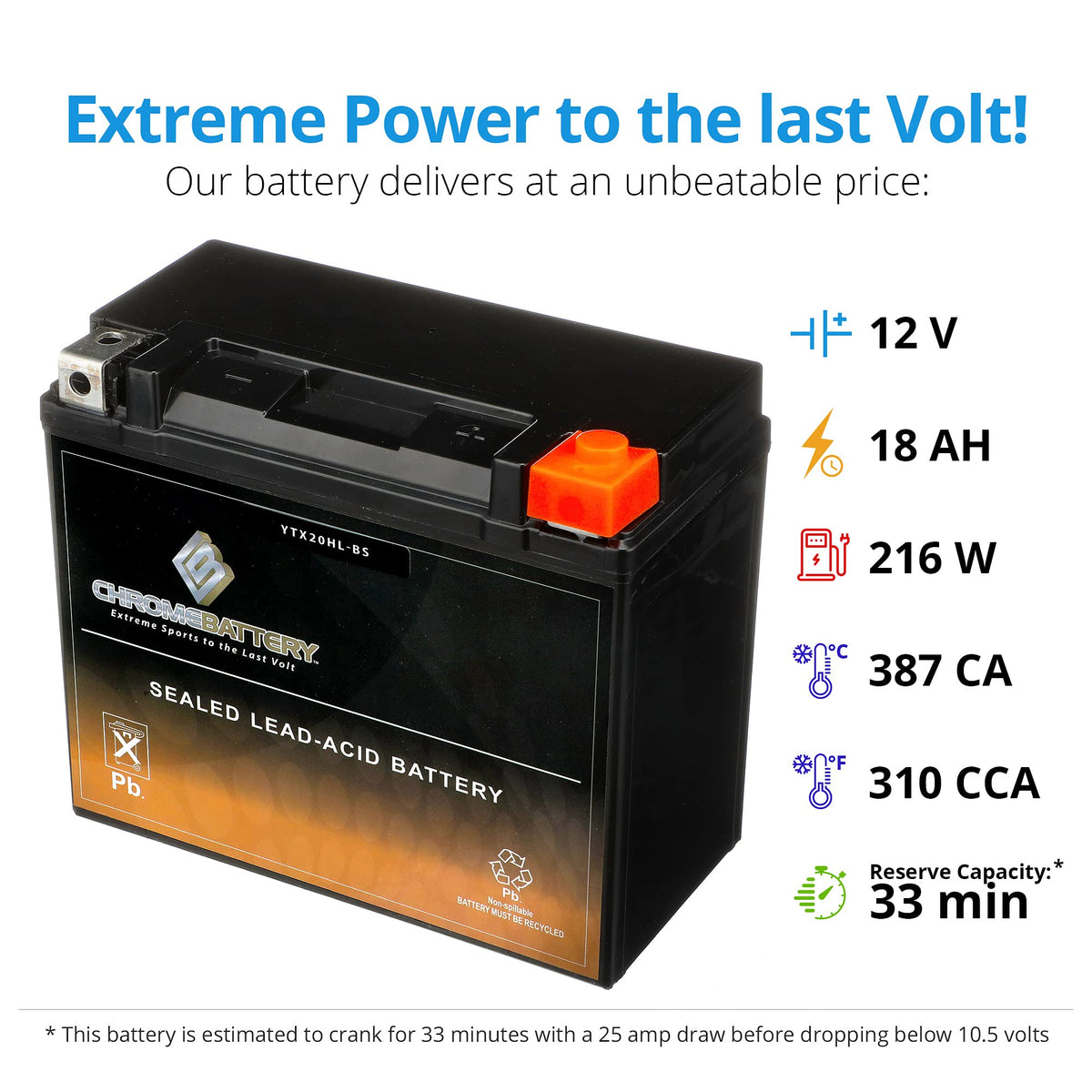 CB CHROMEBATTERY side shot with dimensions labeled for fitment verification benefit