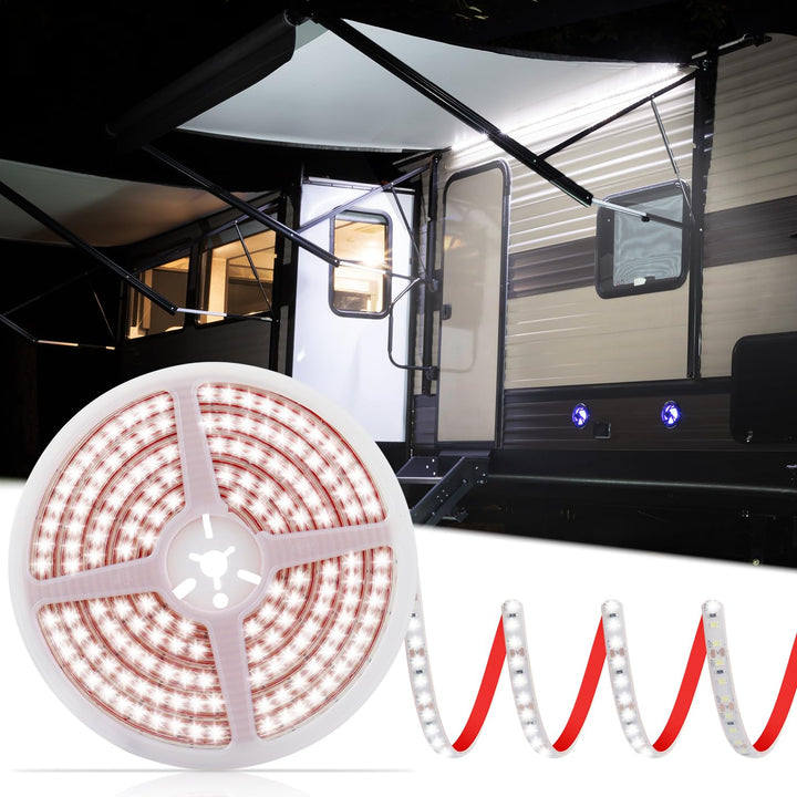 CCBASEBALL front view of 20ft awning light strip showing full length and uniform brightness benefit