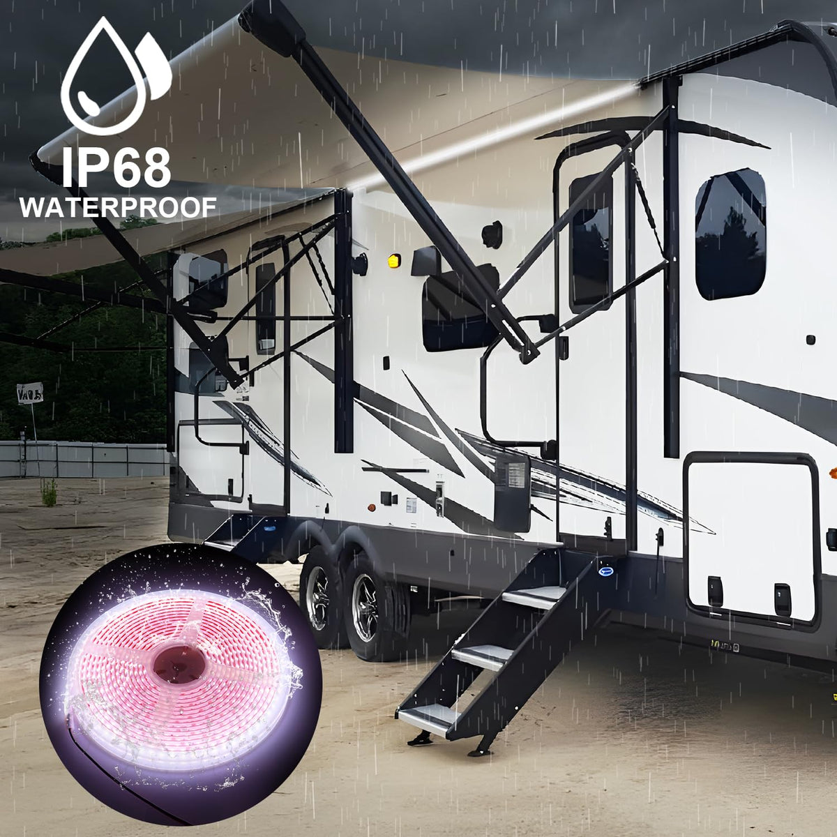 CCBASEBALL mounted on an RV awning demonstrating extra outdoor light and safer evening visibility