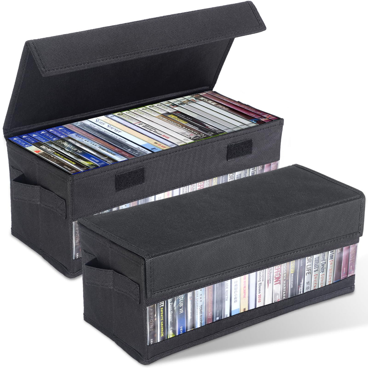 CCidea front view of two black storage boxes showing stackable lids and window benefit