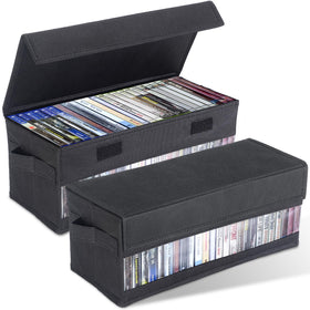 CCidea front view of two black storage boxes showing stackable lids and window benefit