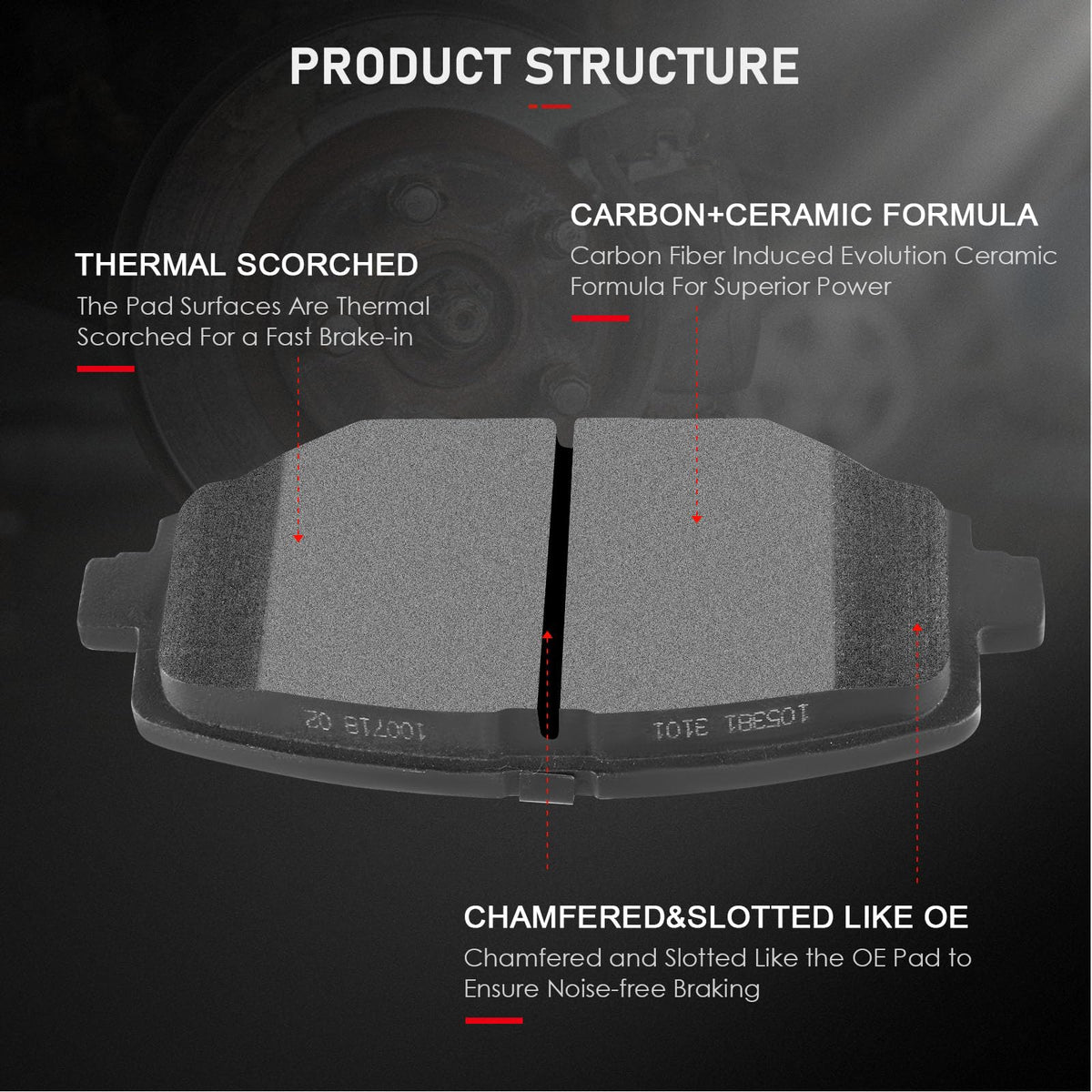 cciyu brake pad profile close-up showing chamfered edges and slots