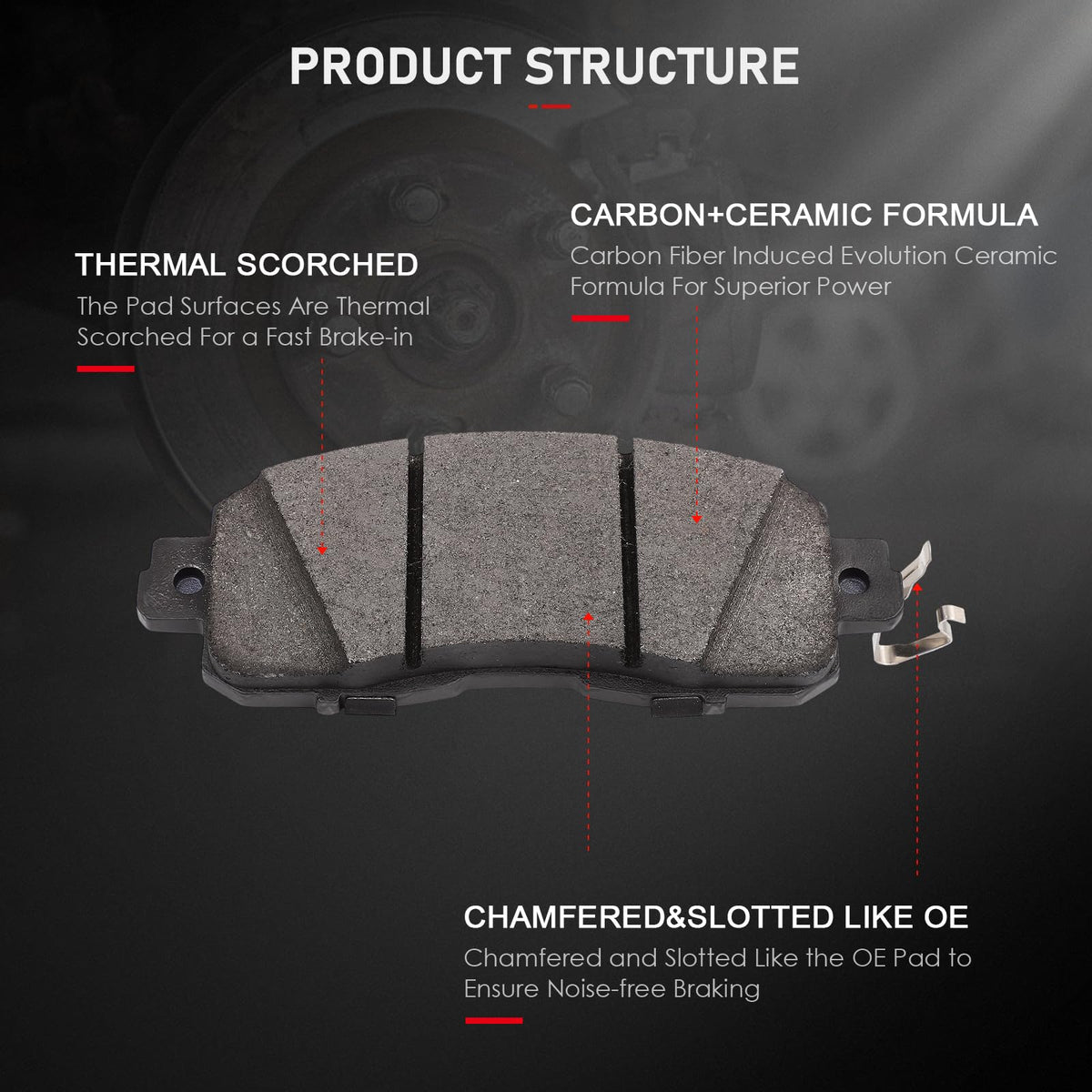 cciyu front pad close-up showing ceramic surface texture and quiet braking design