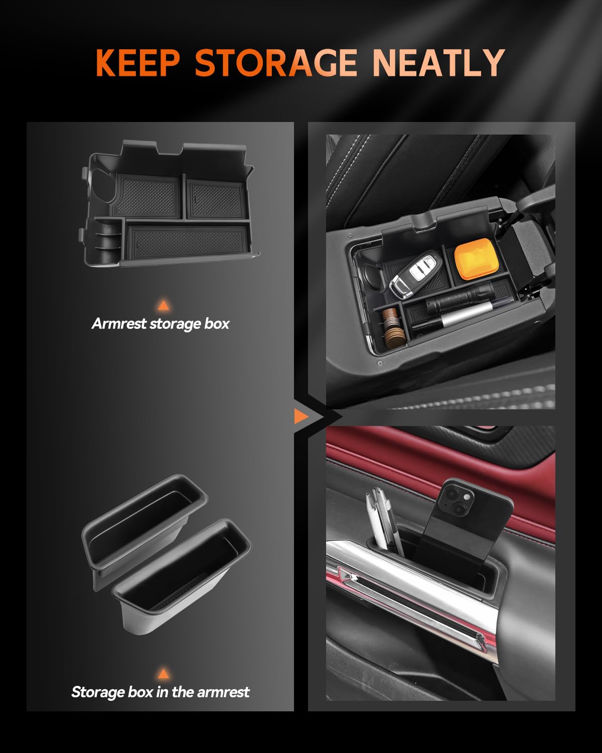 CDEFG center console tray in armrest keeps items accessible and quiet