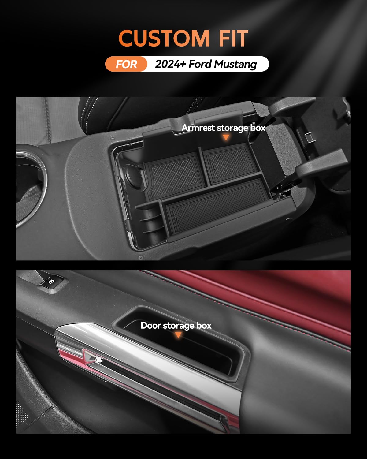 CDEFG center console tray top view displays organized storage benefit