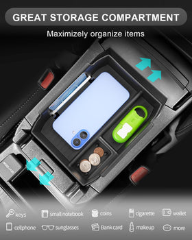 CDEFG tray in use with phone and keys demonstrating accessible storage