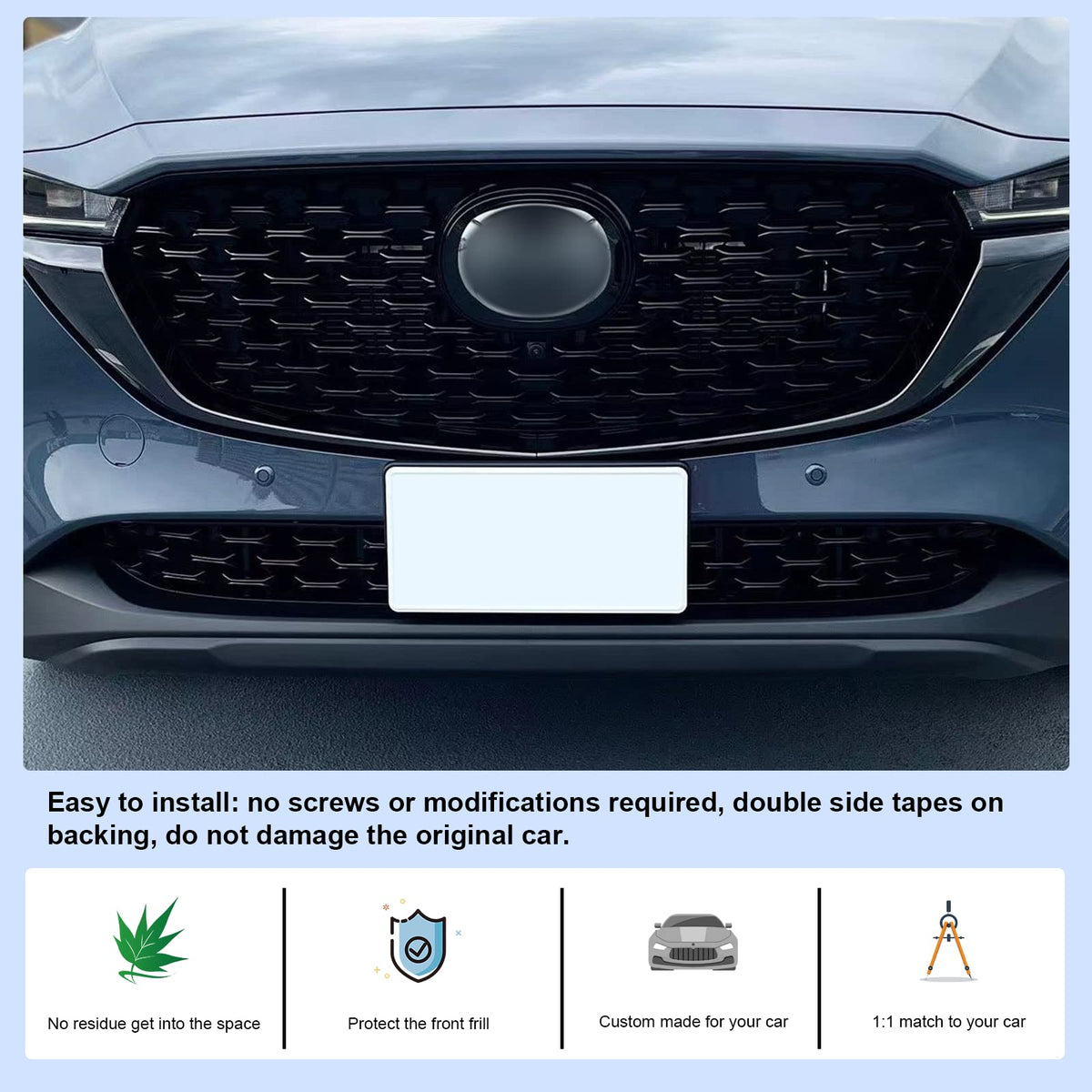 CDEFG grille insert installed on CX-5 during DIY fitment demonstrating easy install