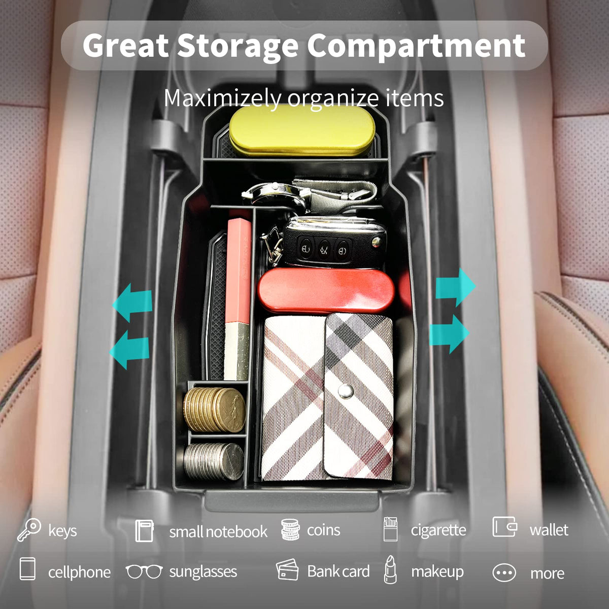 CDEFG organized console contents showing compartments for essentials