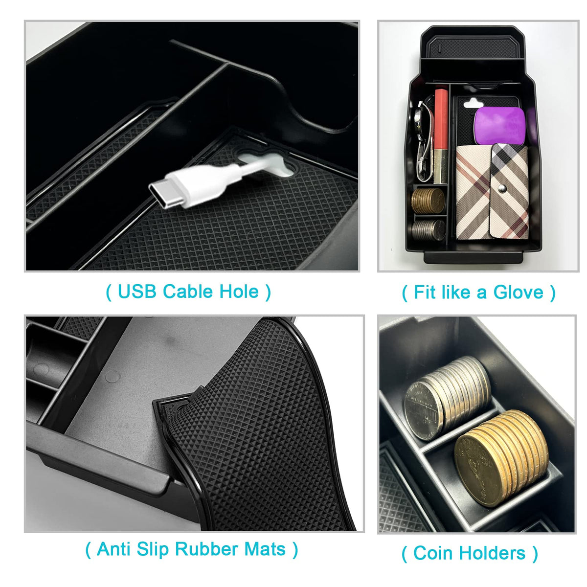 CDEFG tray holding phone and keys to prevent movement while driving