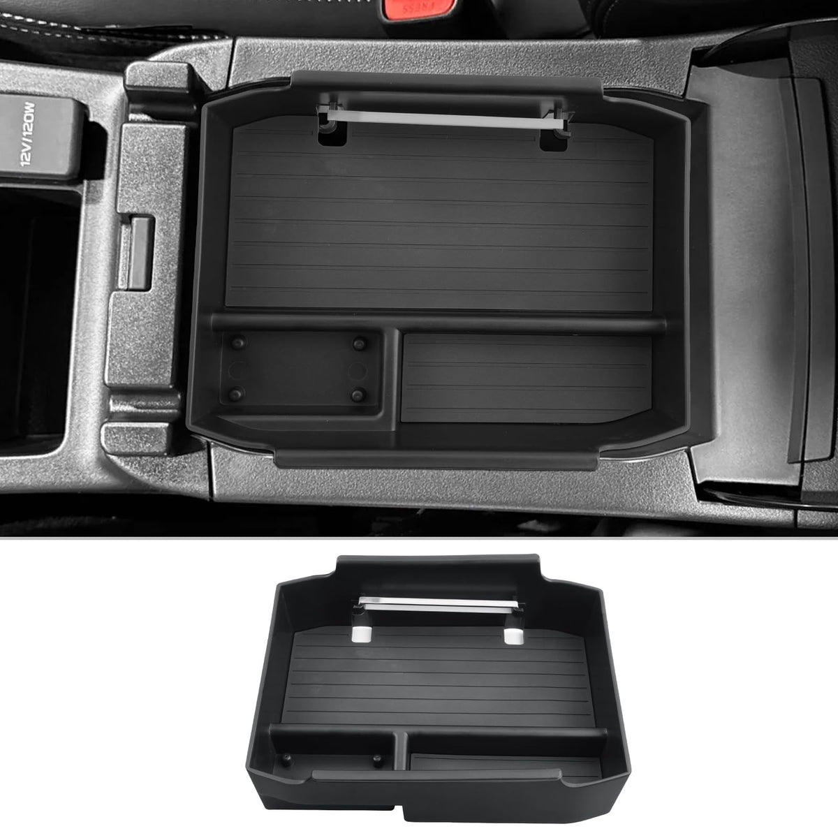 CDEFG front view of tray showing neat console organization and easy access