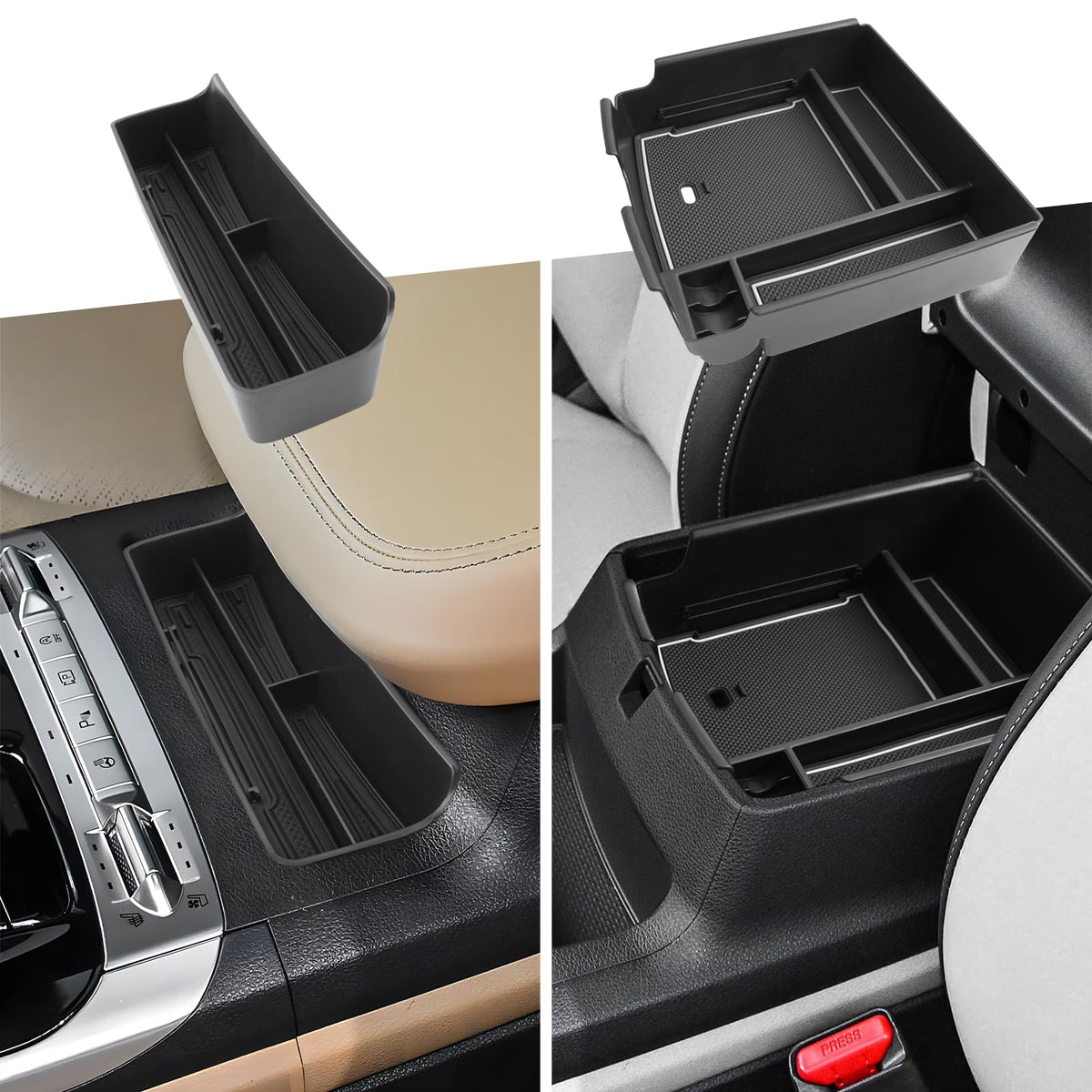 CDEFG front view of console tray showing organized compartments for quick access