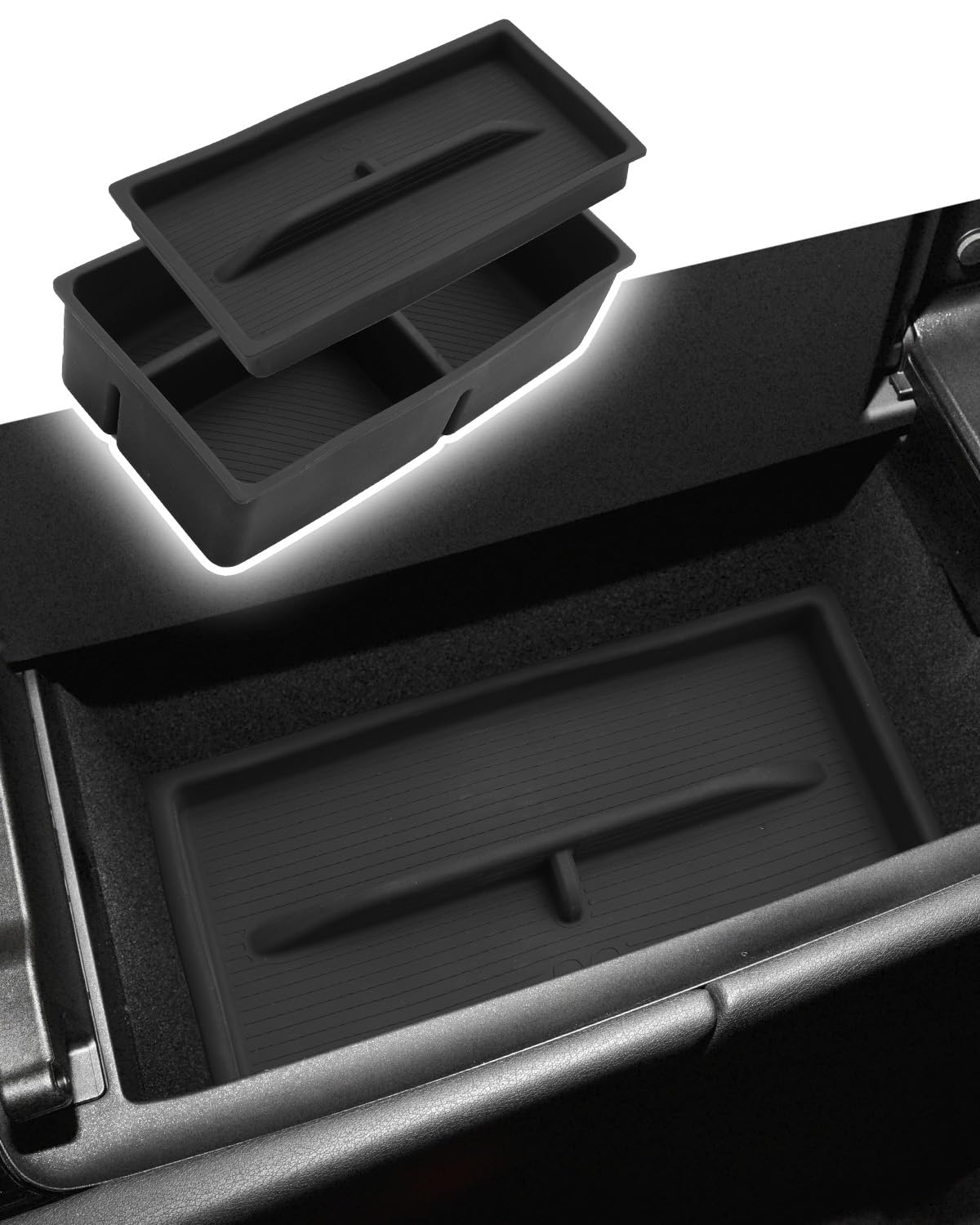 CDEFG front view of console tray showing neat organization and quick access