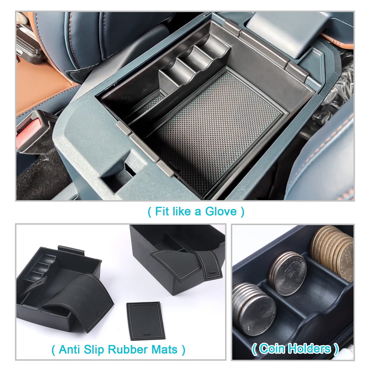 CDEFG organizer in use with phone and sunglasses for quick access