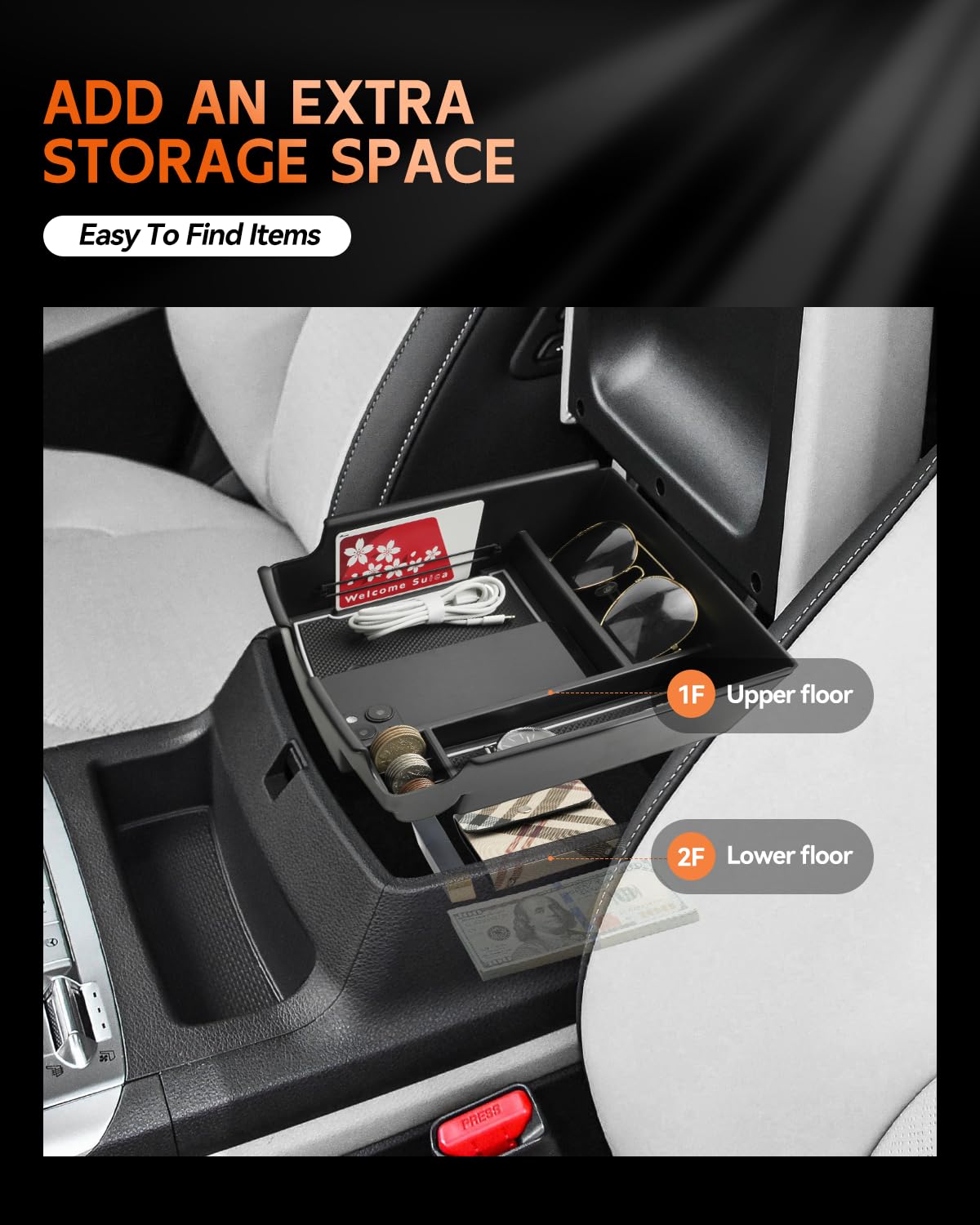 CDEFG tray installed in Kia Carnival armrest demonstrating secure OEM fit