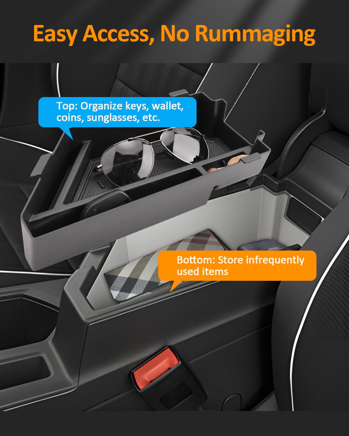 CDEFG tray installed in Volkswagen Jetta armrest for secure fit