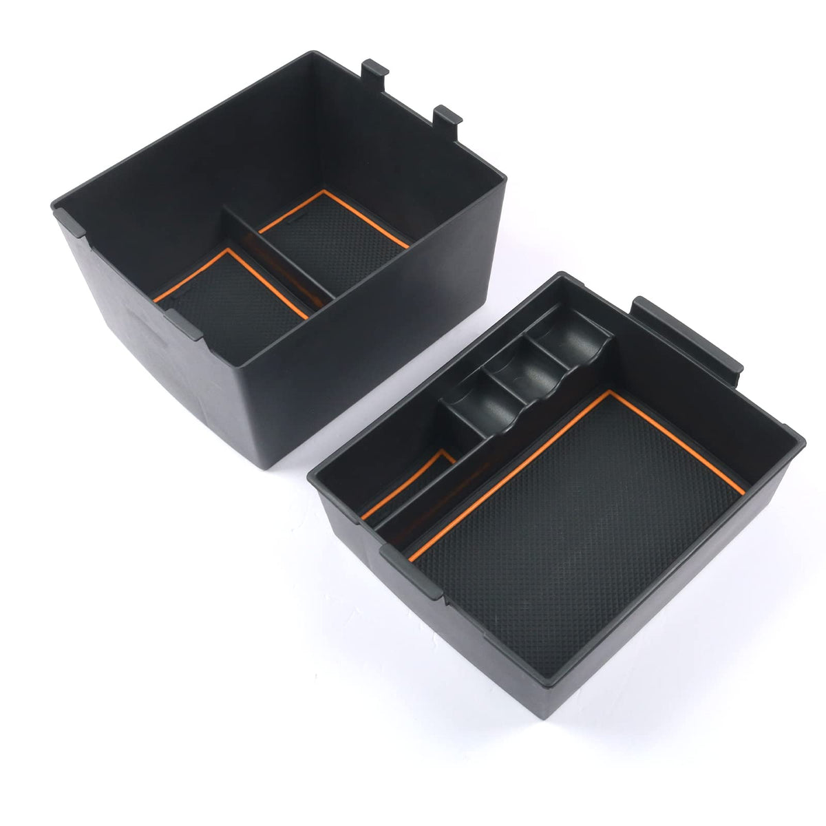 CDEFG front view of console organizer showing neat storage and quick access