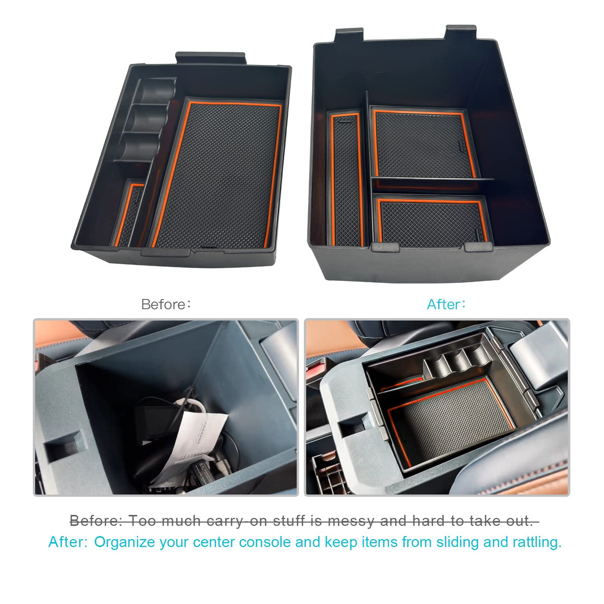 CDEFG console organizer in use holding phones and sunglasses for convenience