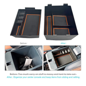 CDEFG console organizer in use holding phones and sunglasses for convenience