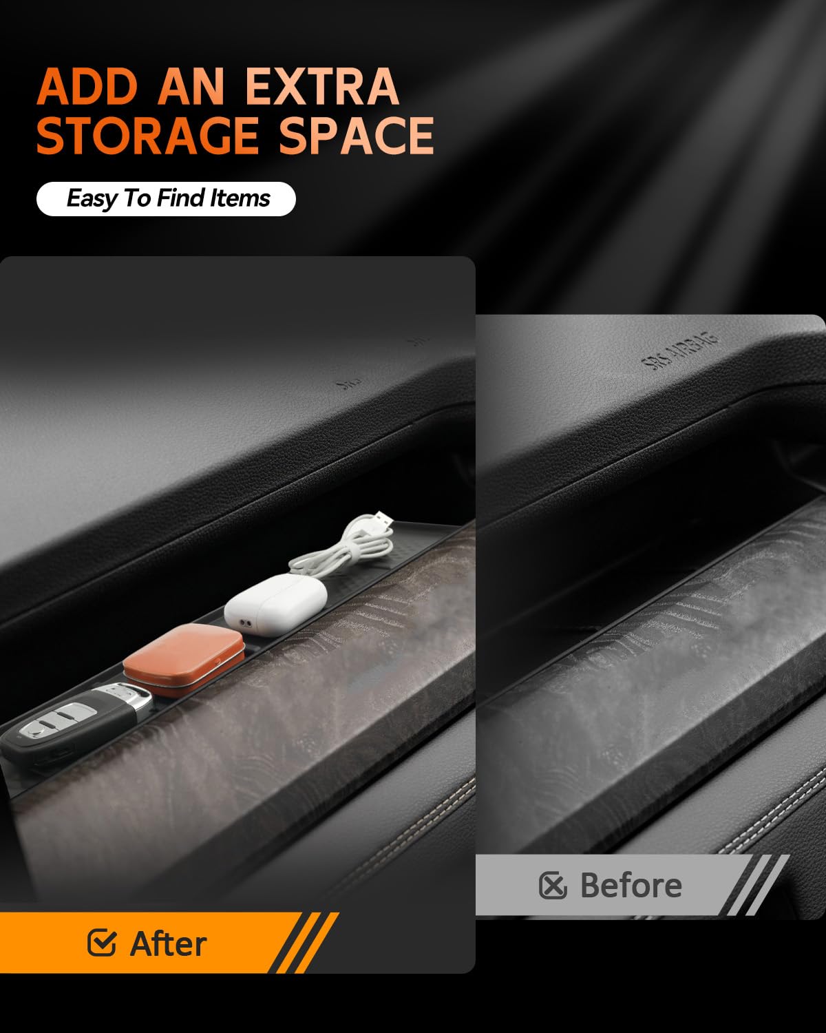 CDEFG tray with phone keys sunglasses showing organized storage benefit
