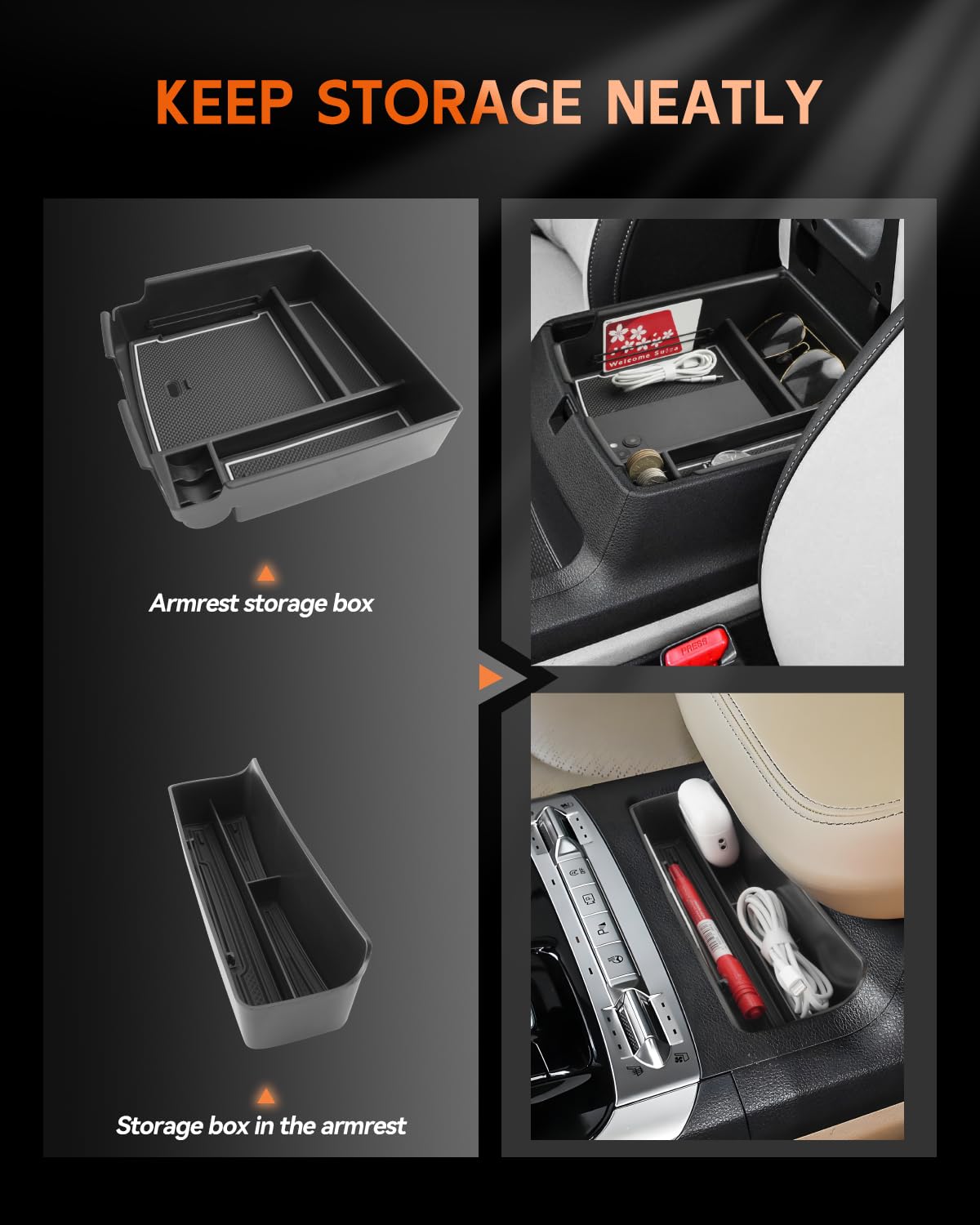 CDEFG organizer tray holding phone keys and coins to show tidy storage