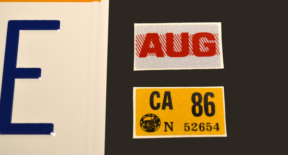 Celebrity Machines registration stickers kit displayed for authentic 1986 look
