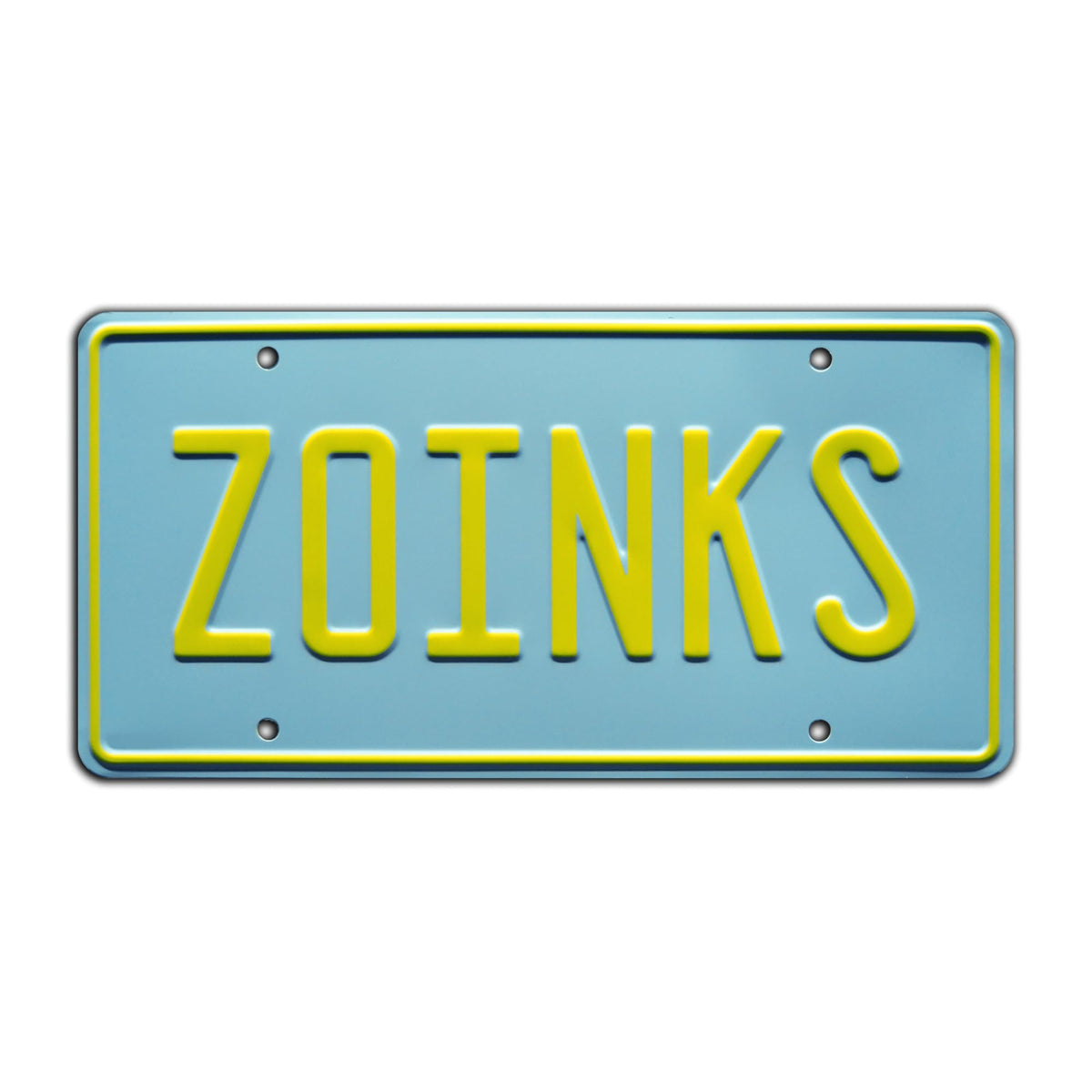 Celebrity Machines front view of Zoinks plate shows bold lettering and display-ready look