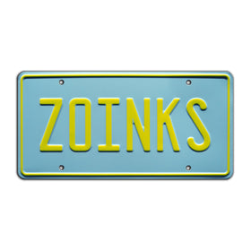 Celebrity Machines front view of Zoinks plate shows bold lettering and display-ready look