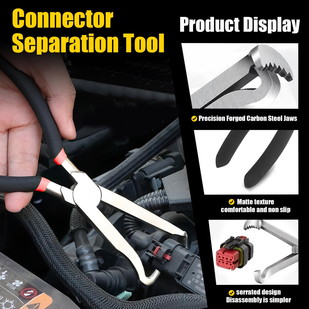 Celinfto tools in an engine bay demonstrating access to hard-to-reach connectors