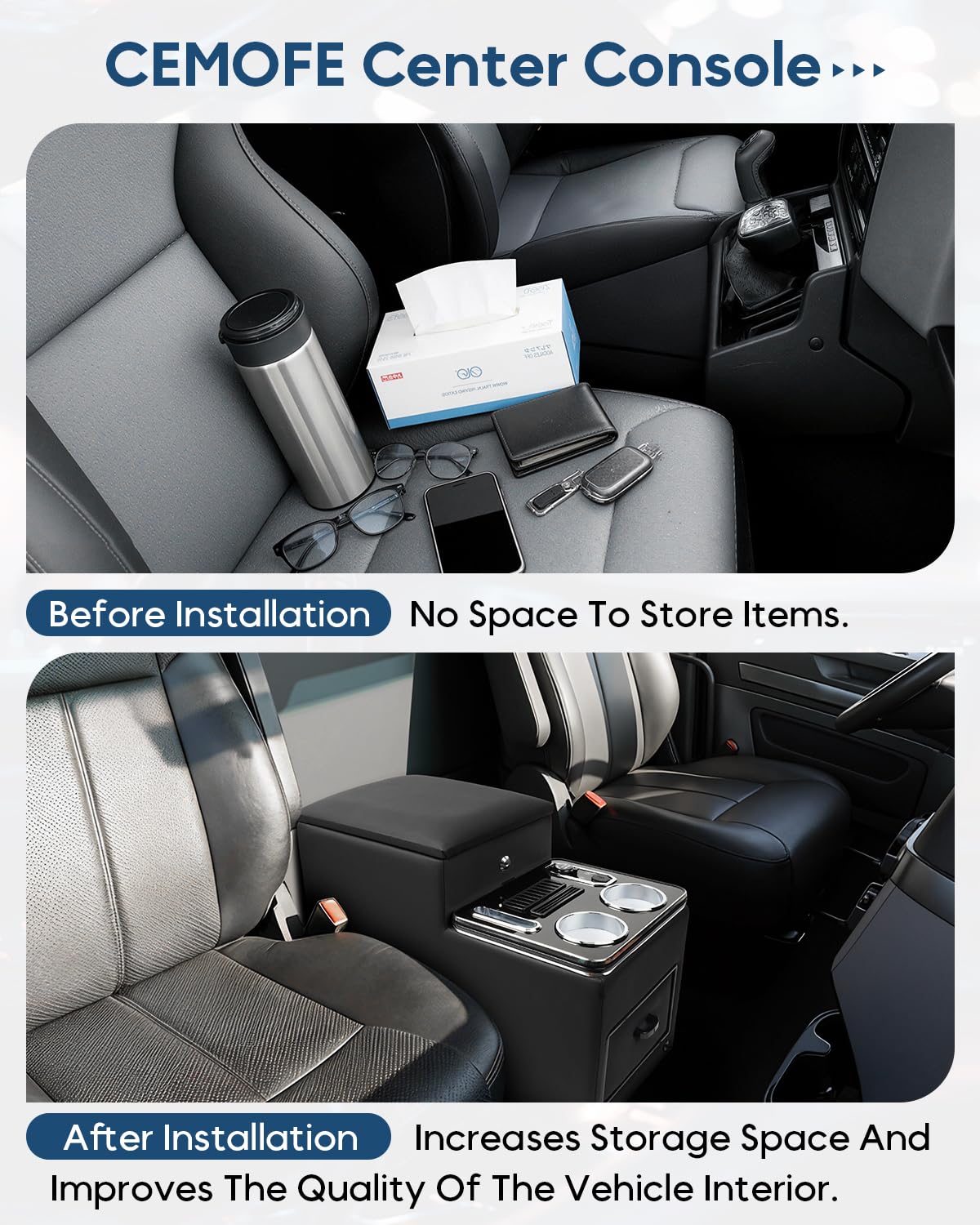 CEMOFE installed between seats demonstrating stable, tool-free placement