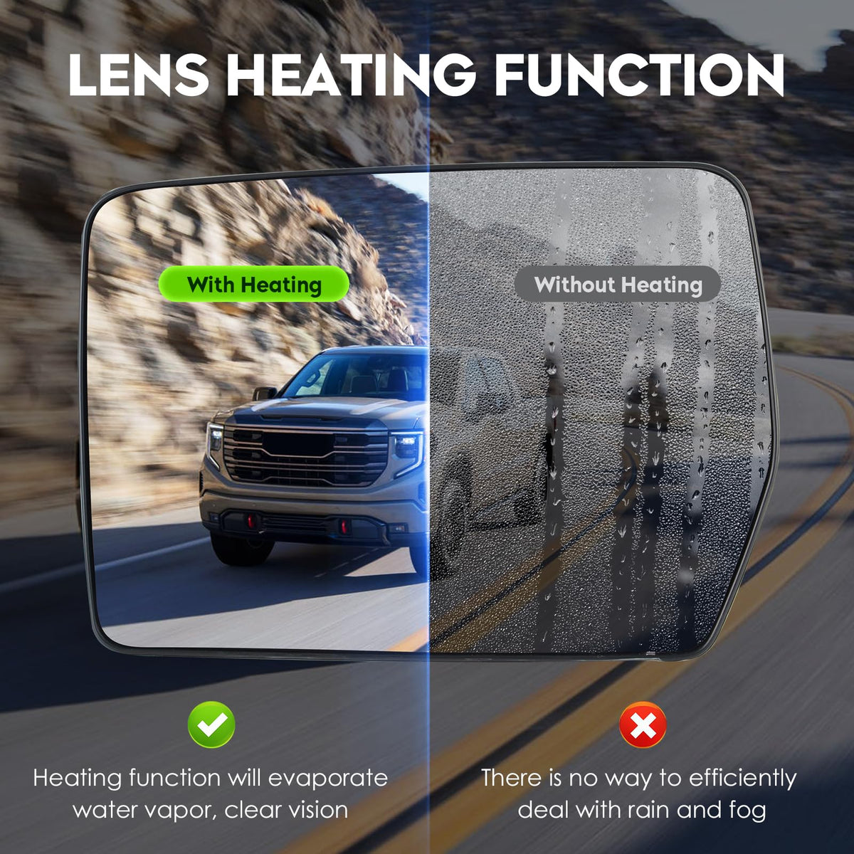 Cenfeild heated mirror close-up texture shows glass clarity and durability benefit