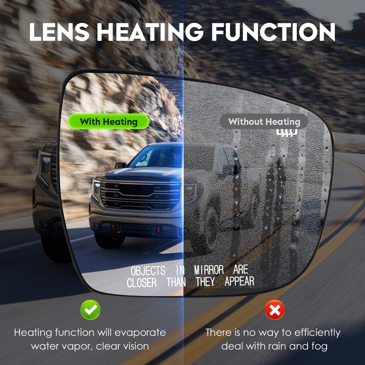Cenfeild heated mirror close-up showing glass clarity and faster defogging