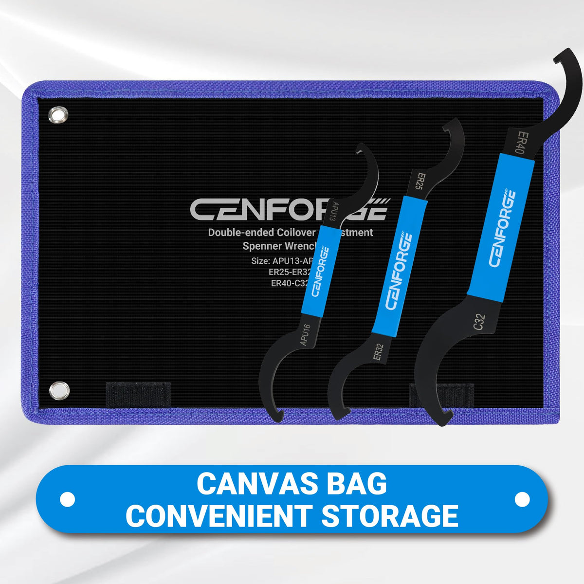 CENFORGE wrench engaged on a coilover lock ring, makes height and preload adjustments easier