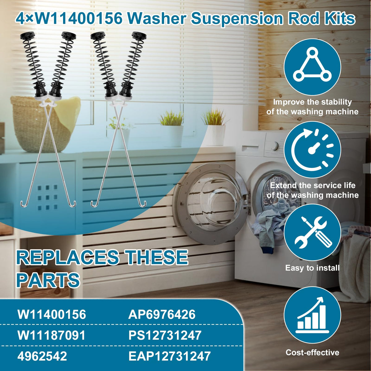 Laundry room scene with Cenipar suspension rods emphasizing DIY repair and cost savings