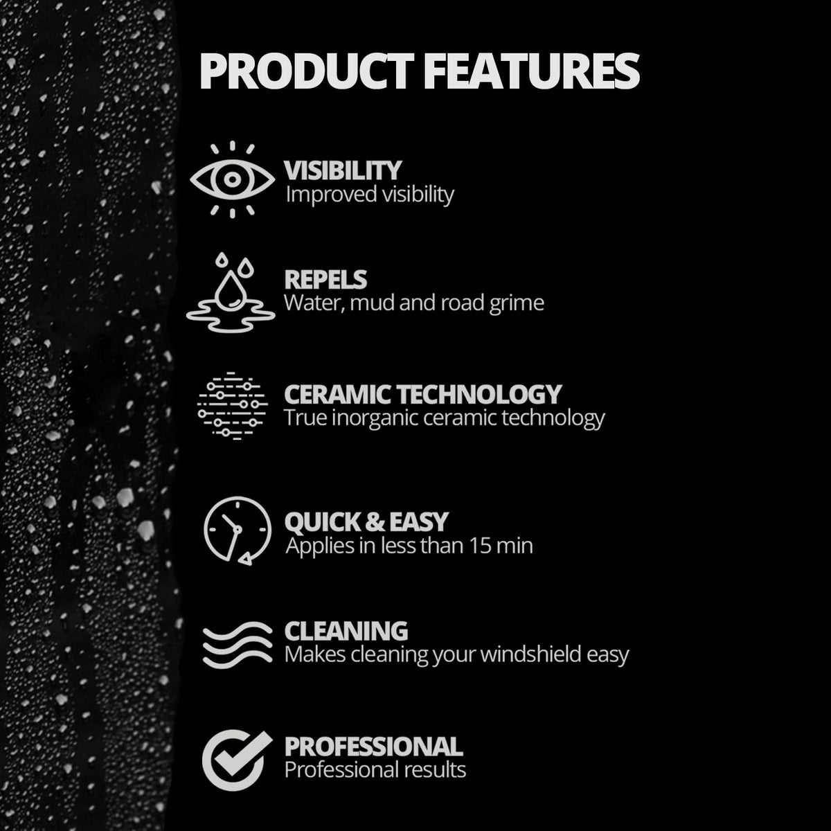 CERAKOTE treated windshield with water beading, illustrates improved water repellency while driving