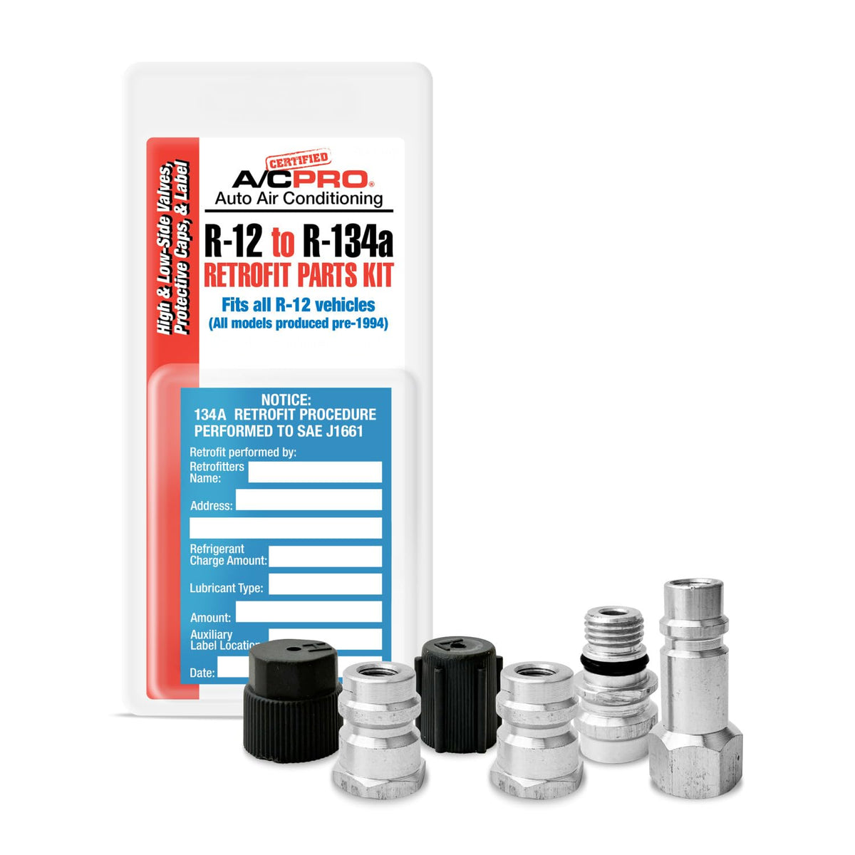 Certified A/C Pro front packaging showing complete adapter kit and benefits