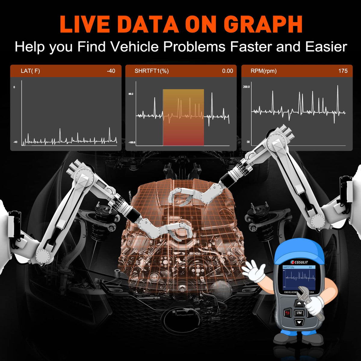 CGSULIT SC204 in garage with a user diagnosing a car to save repair costs