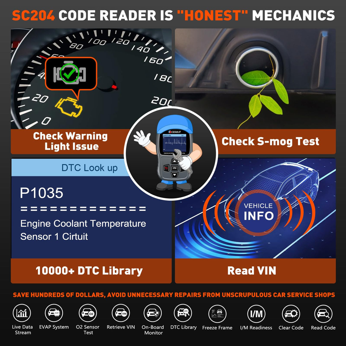 CGSULIT SC204 live data graph displaying RPM and coolant temperature benefits