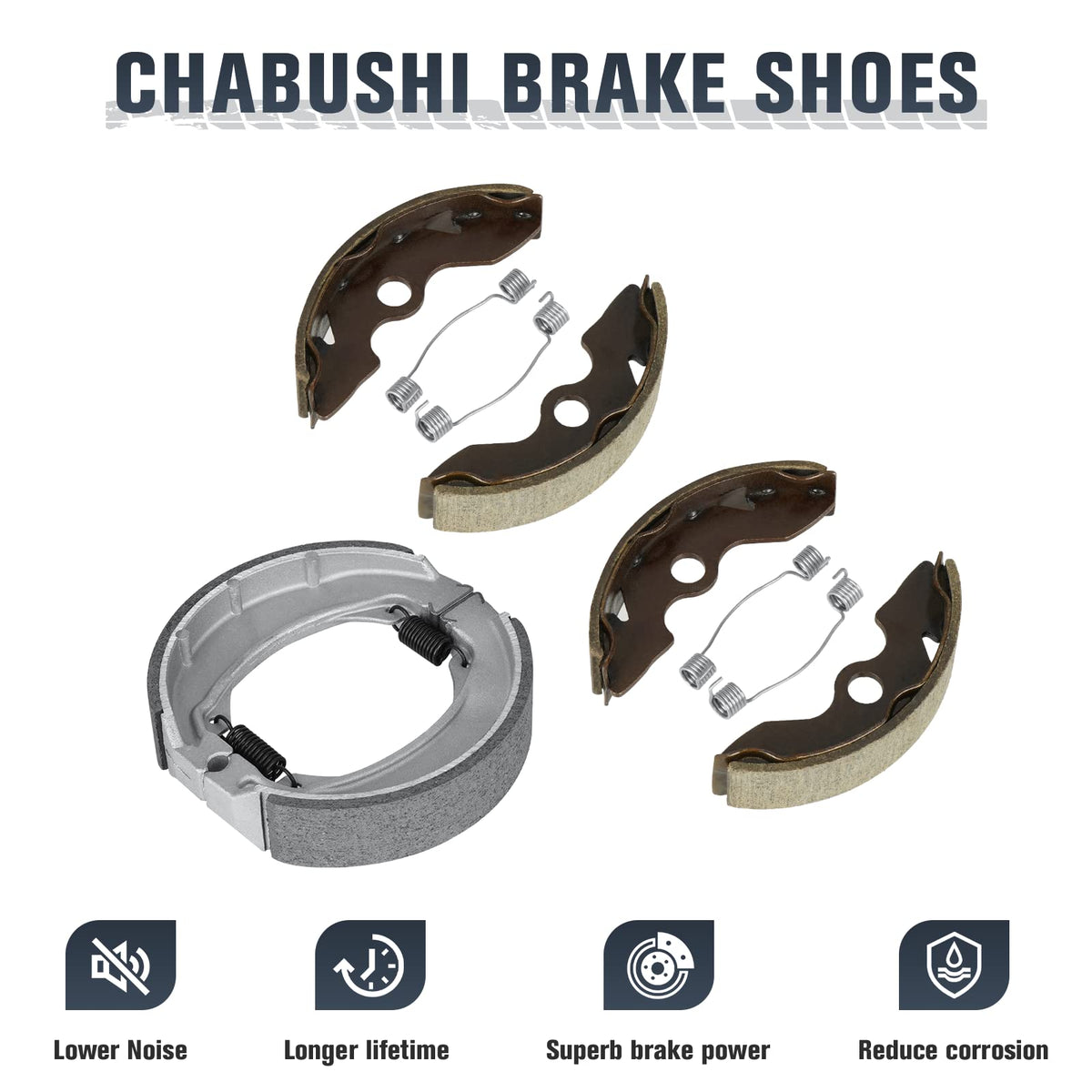 Chabushi brake shoes and springs laid out to show included hardware and ready-to-install