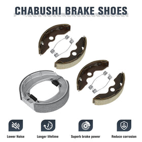 Chabushi brake shoes and springs laid out to show included hardware and ready-to-install