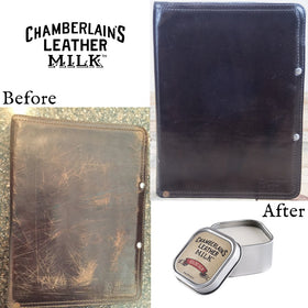Close-up of finished leather treated with Chamberlain's Leather Milk, highlights improved surface appearance
