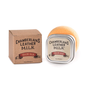 Chamberlain's Leather Milk front label showing product name and purpose, clear branding benefit