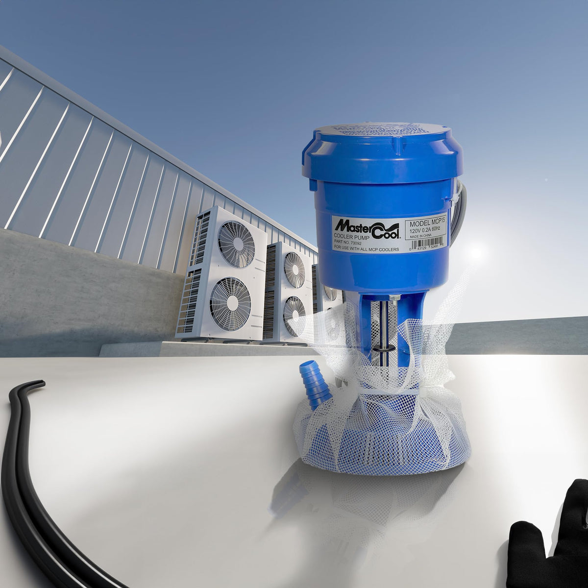 Champion Cooler pump close-up of electrical connector for easy MCP44 integration