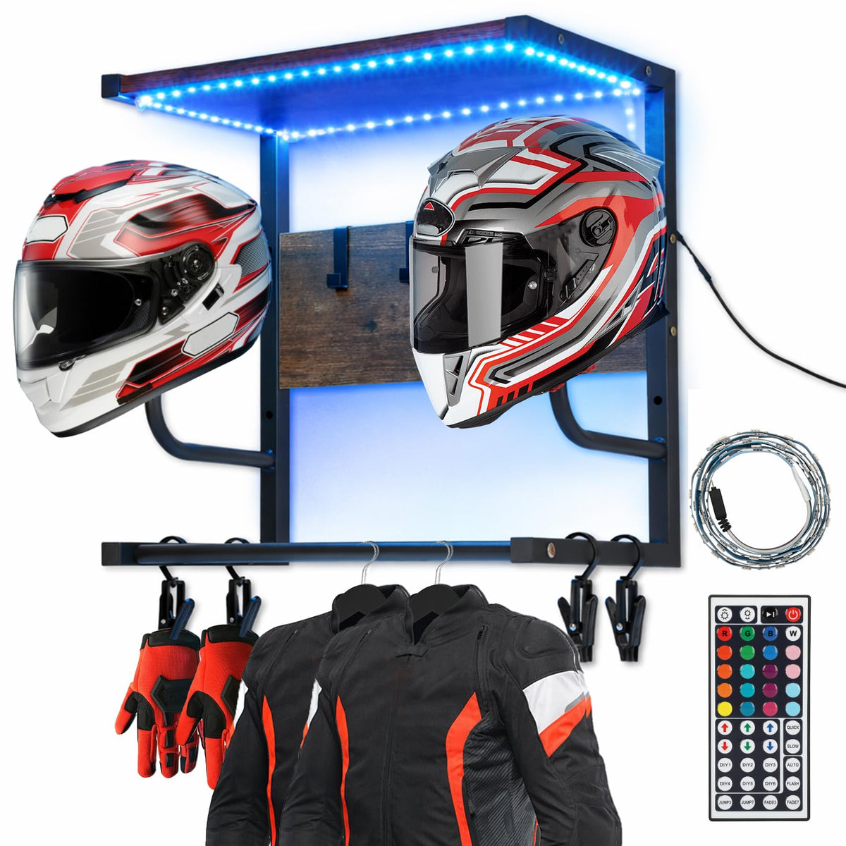 Chaoos front view helmet rack showing sturdy mount and neat display benefit