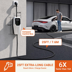 CHARGEHERE 25ft cable detail illustrating reach and flexible handling benefit