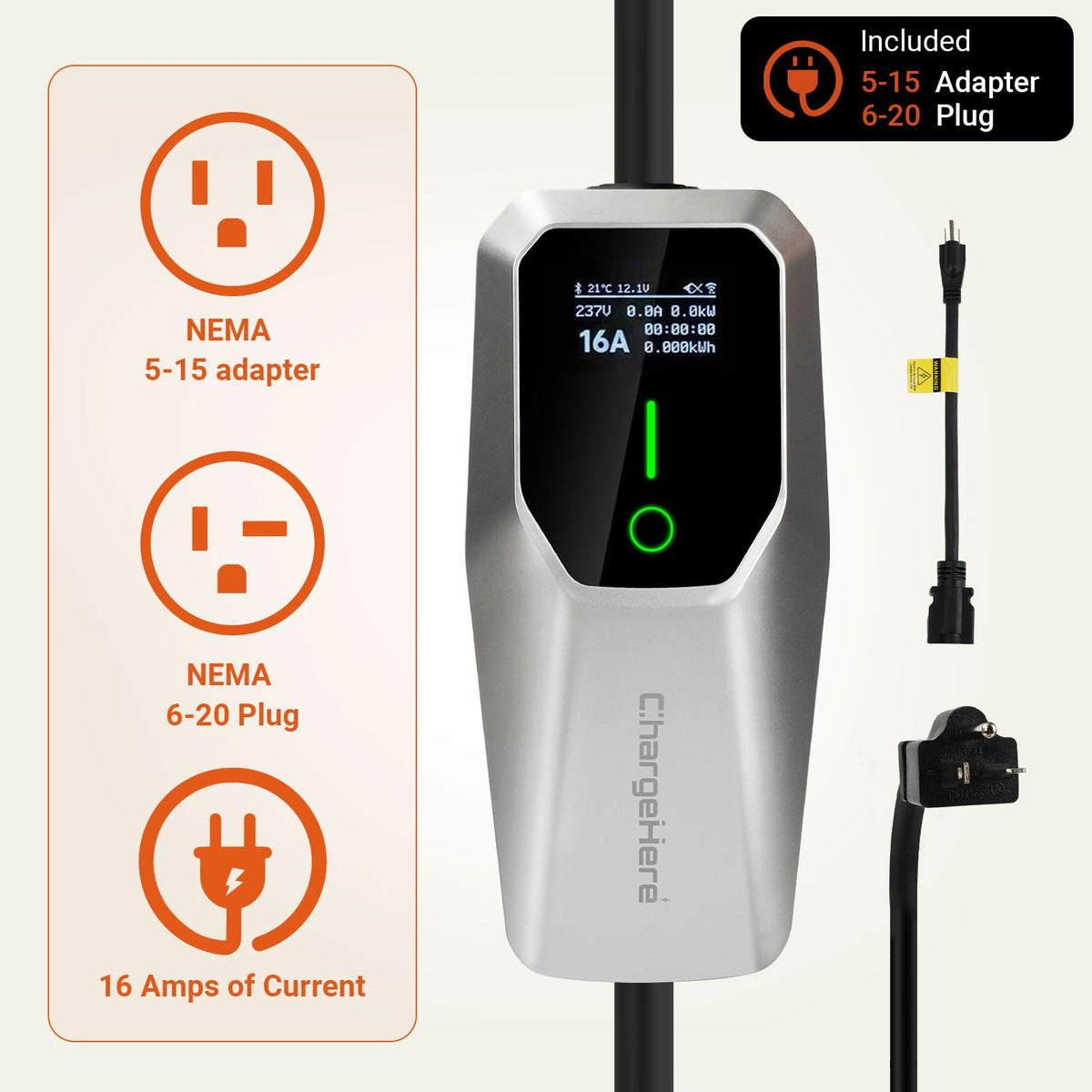CHARGEHERE 25ft cable extended to show reach and flexible parking access